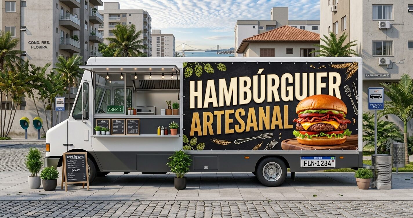 Food truck envelopado com arte de hambúrguer artesanal