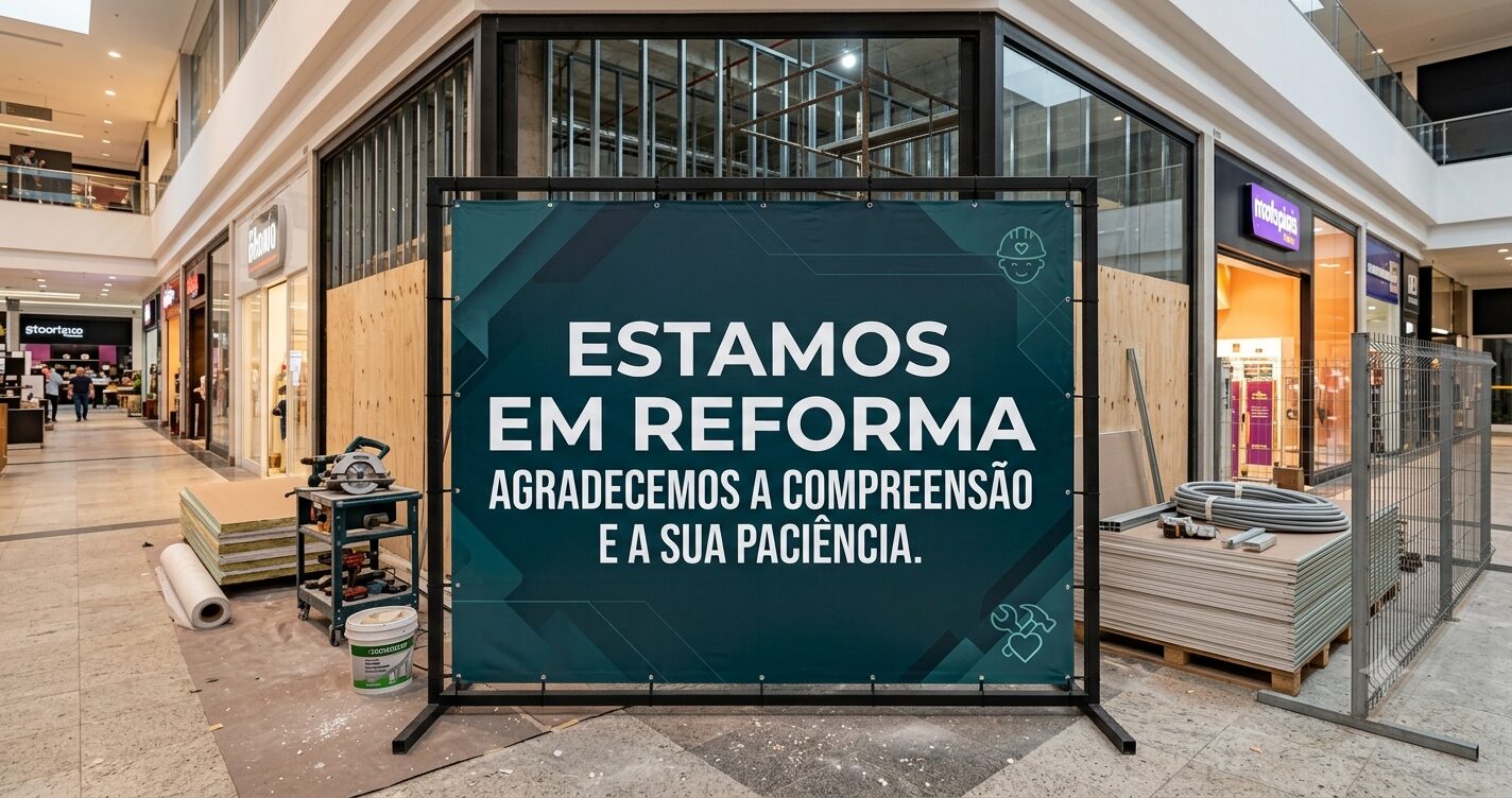 Lona "Estamos em reforma" na fachada de uma loja
