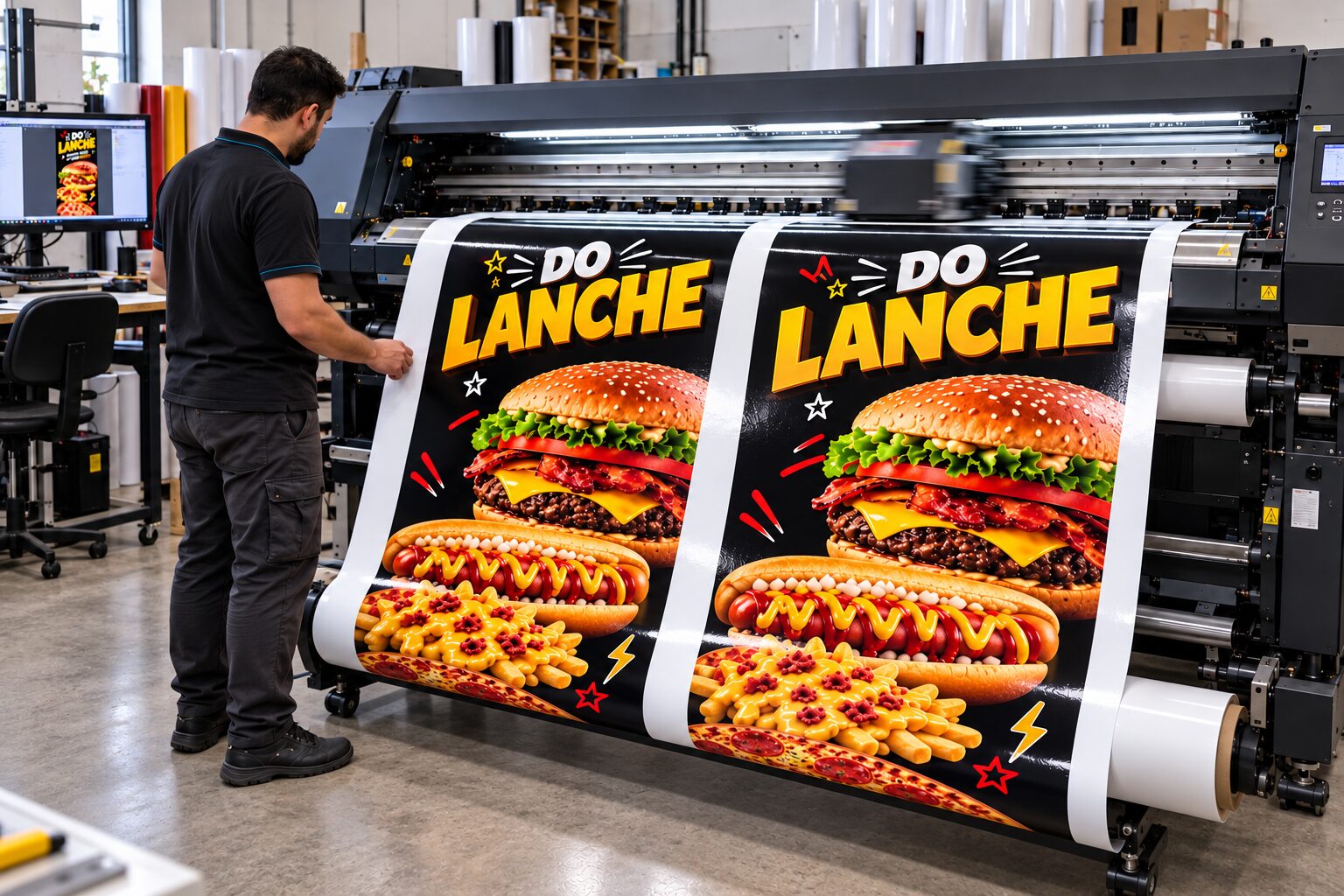 Banner "Do Lanche" saindo da impressora de grande formato