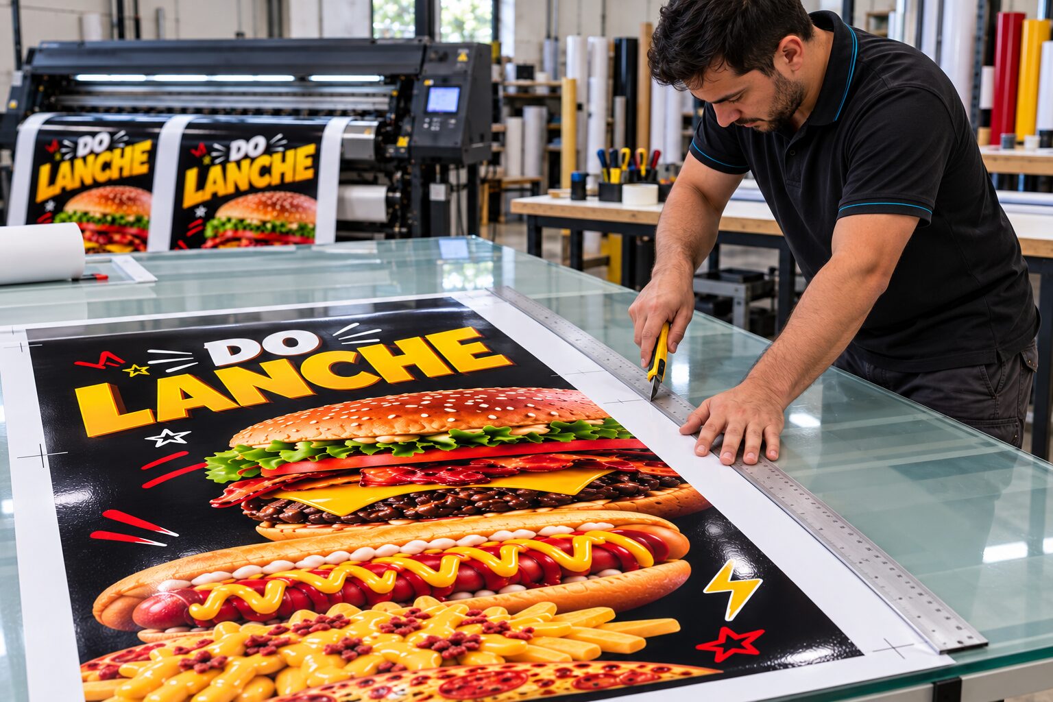 Acabamento e corte de um banner impresso na mesa